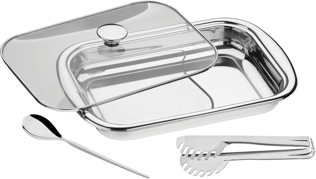Bräter mit Glasdeckel, inkl. Servierebesteck, Edelstahl 38 x 25 cm
