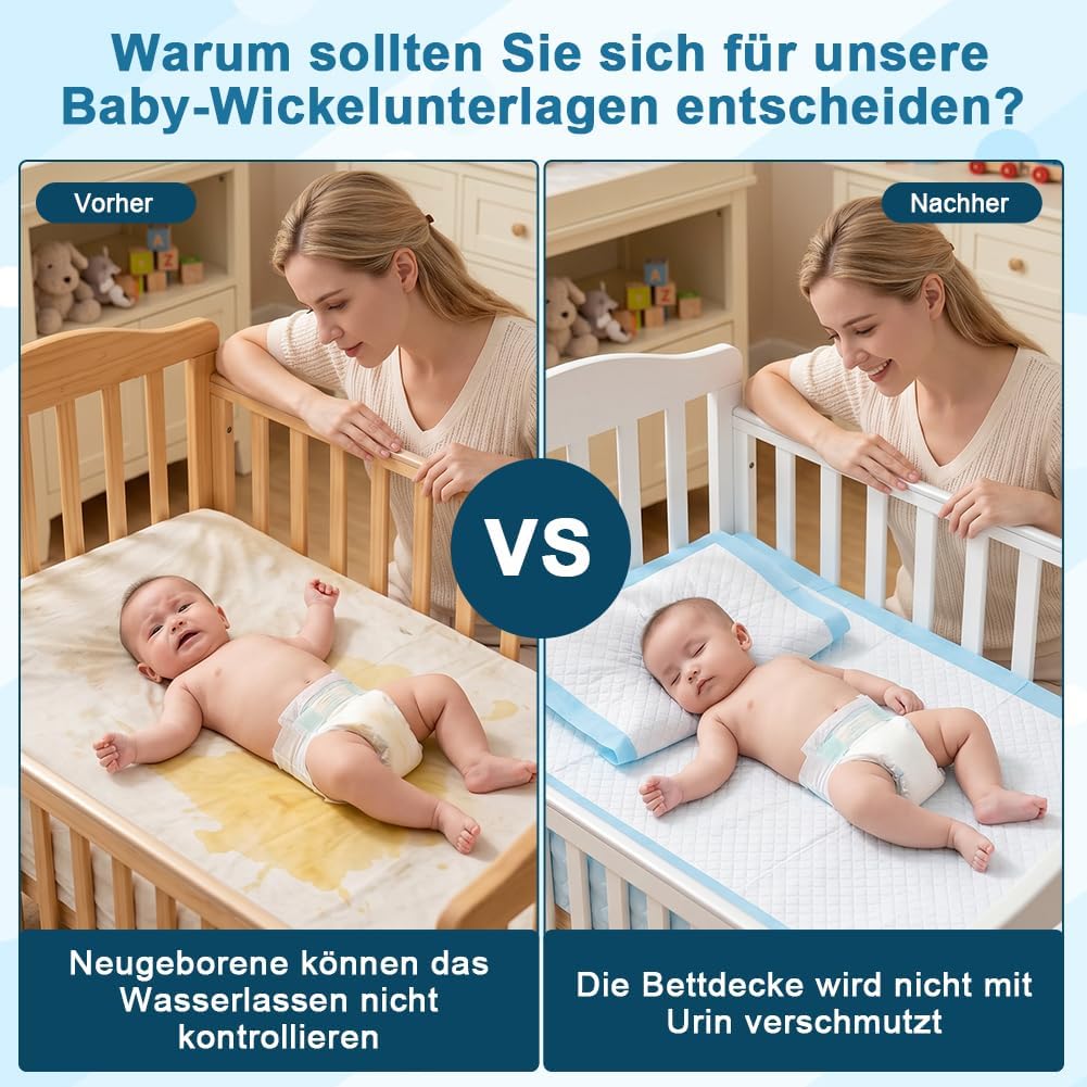 50 Stück Einweg-Windelunterlagen Baby 5x60cm, Wasserdicht &amp; 7-lagig saugstarke Inkontinenzunterlage,