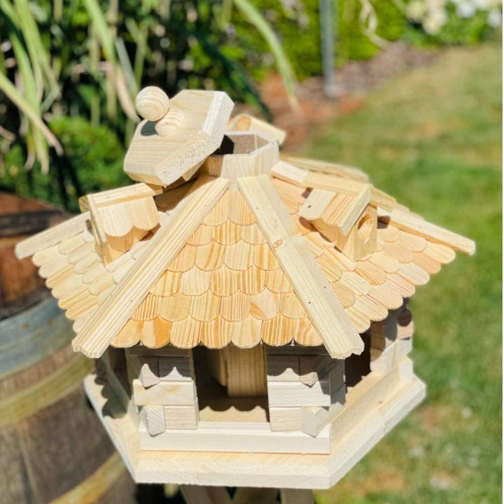 Sechseck Vogelhaus aus Holz L - XL Futterstelle mit und ohne Ständer handgefertigt (L ohne Ständer,