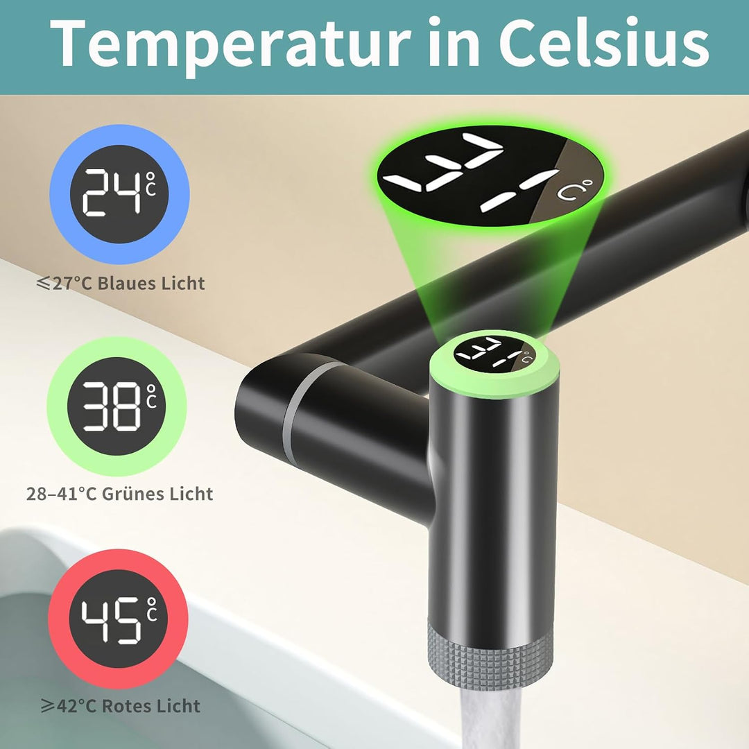 Einloch Waschtischarmatur mit Temperaturanzeige, Einhand Armatur Badezimmer, 1080° schwenkbare Badar