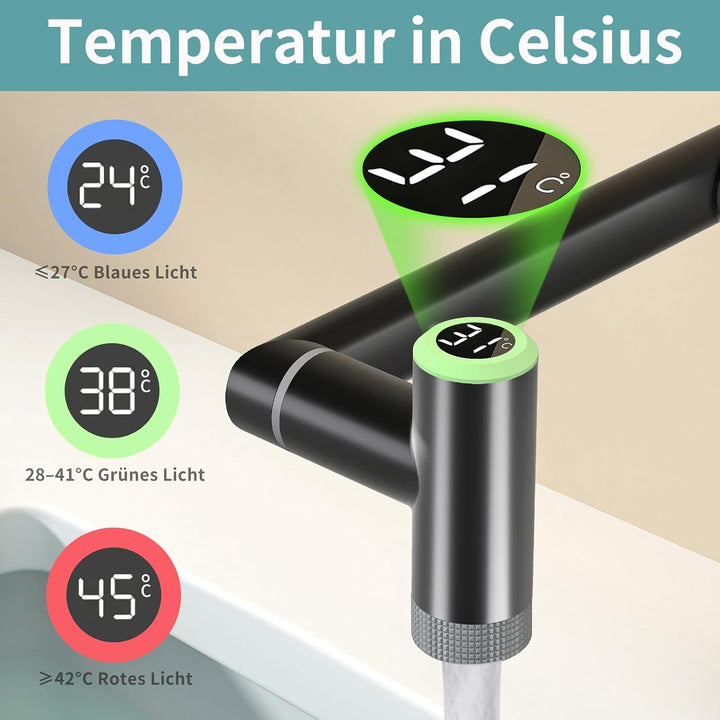 Einloch Waschtischarmatur mit Temperaturanzeige, Einhand Armatur Badezimmer, 1080° schwenkbare Badar