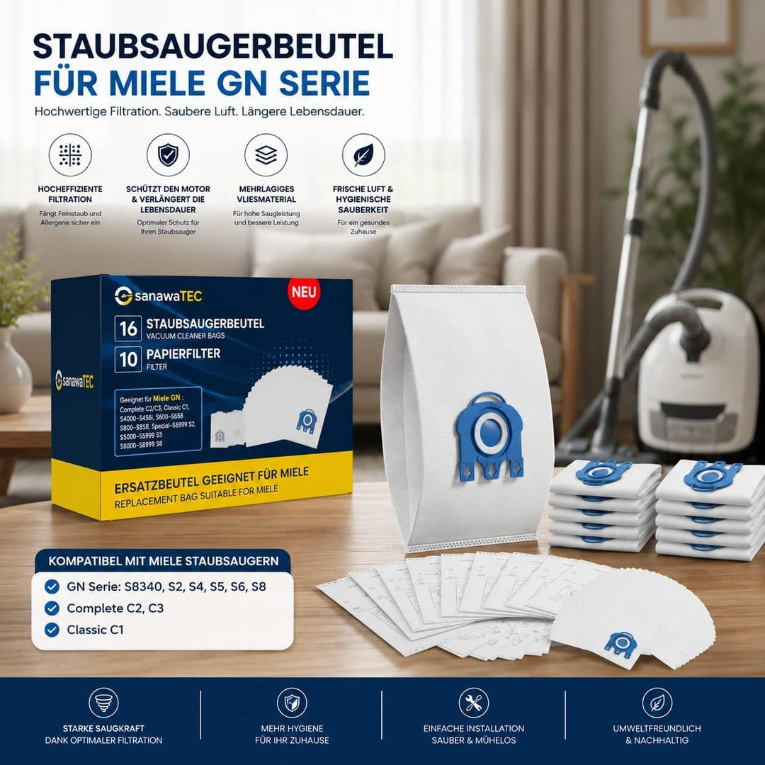 16x Staubsaugerbeutel für Miele Staubsauger kompatibel mit Miele GN Serie S8340 S2 S4 S5 S6 S8, Comp