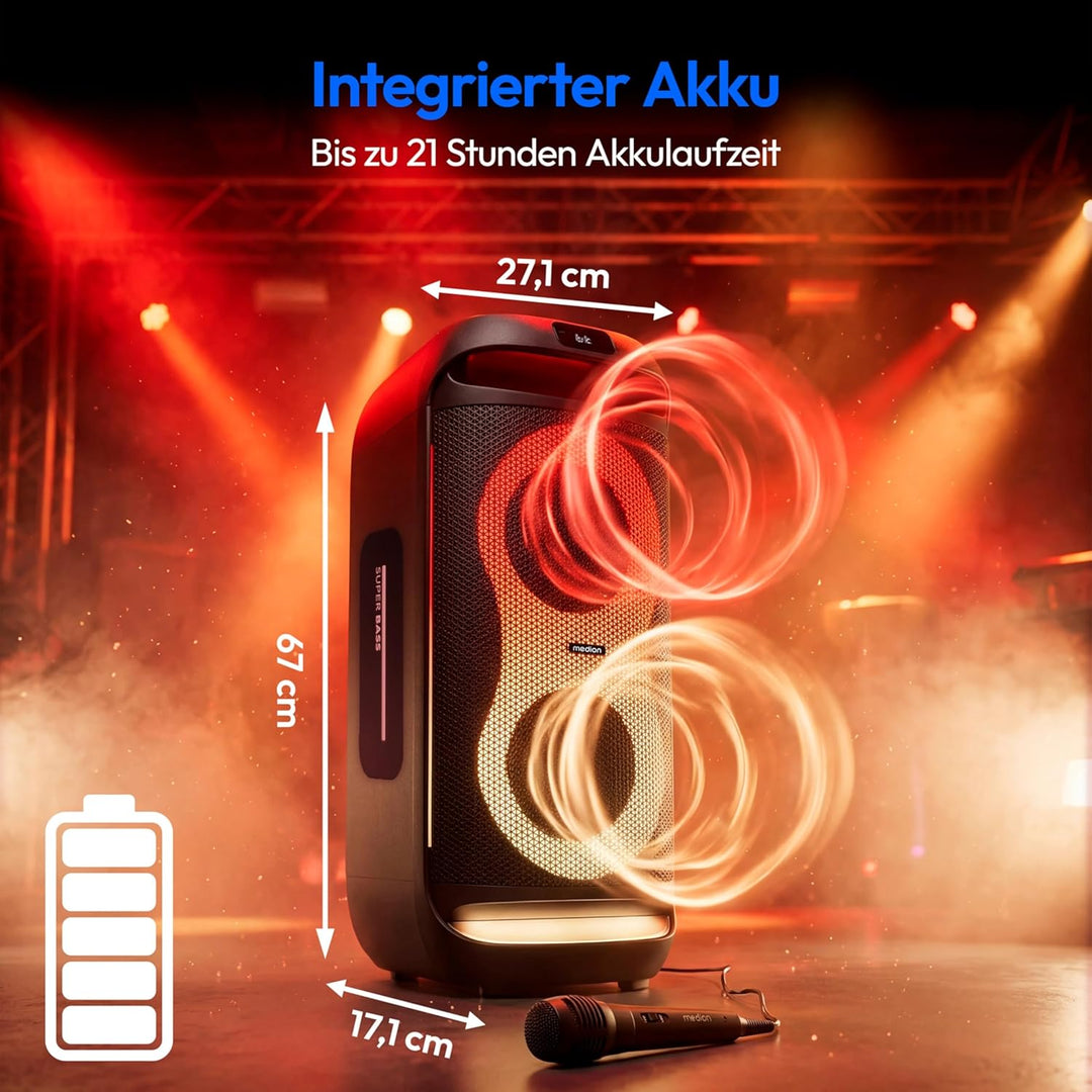 MEDION PE-2 Plus Partybox (Akku, mit Mikrofon, tragbarer Bluetooth Lautsprecher gross, Musikbox, Ver