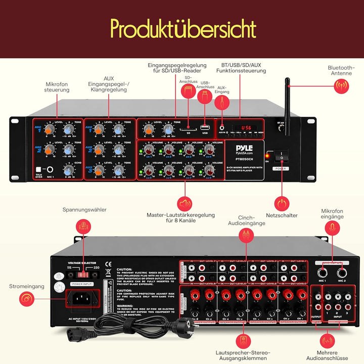 Pyle Mischverstärker, 8-Kanal Bluetooth HiFi Verstärker/Endstufe 4000W mit Mikrofon mit Talkover, RC