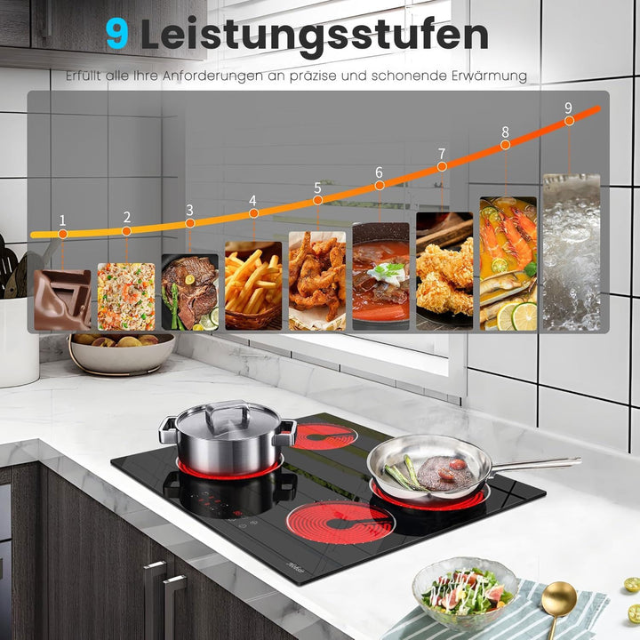 Glaskeramikkochfeld 4 Zonen Kochfelder Sensor-touch Control Kochfeld Autark 60cm, 6000W, 9 Leistungs