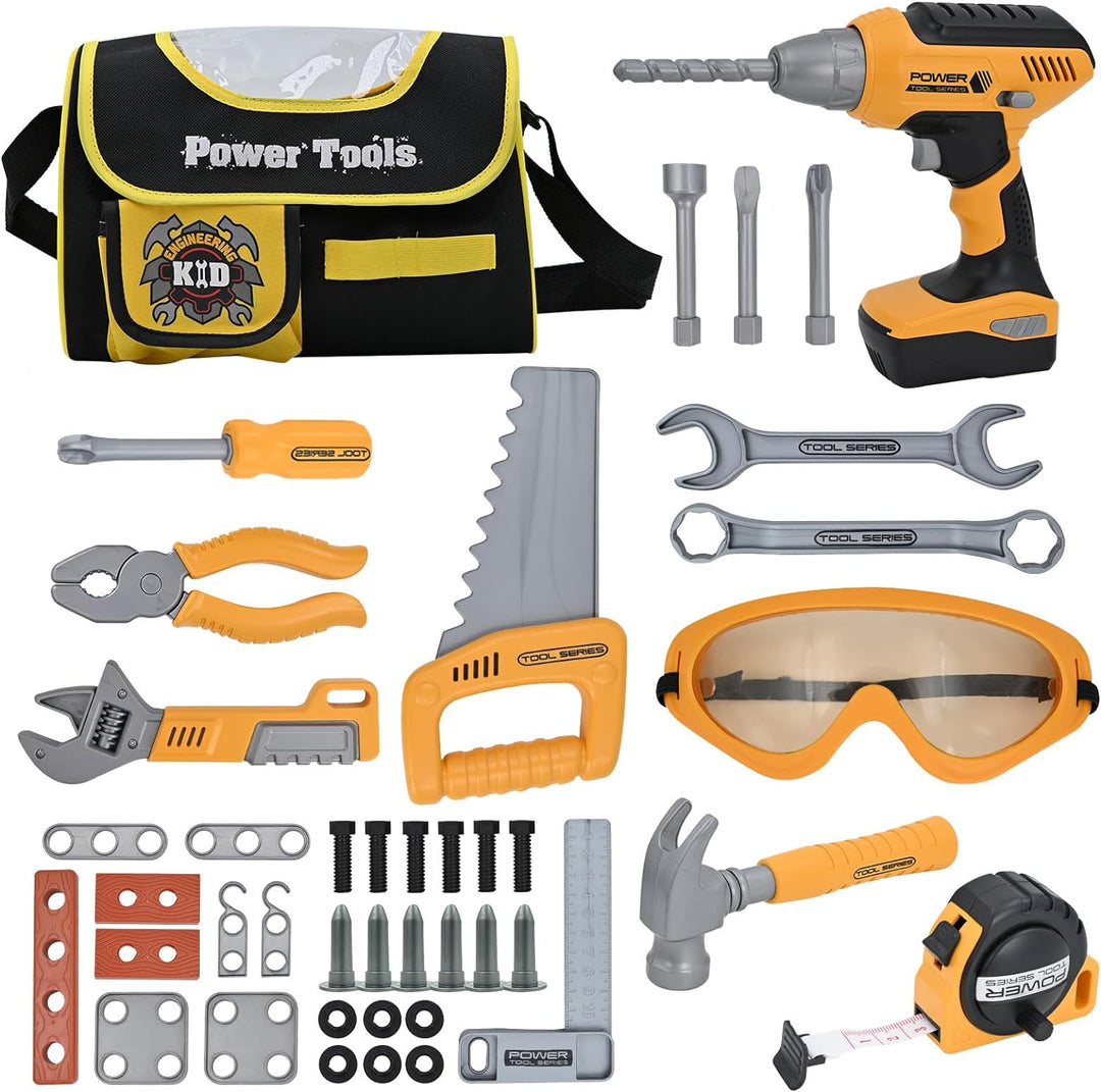 Hyrenee 37 Stück Arbeitswerkzeuge Spielzeug Kinder Bausteine Werkzeug-Rucksack mit Bohrmaschine Nach