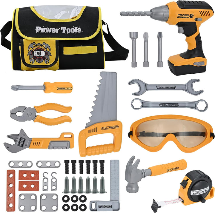 Hyrenee 37 Stück Arbeitswerkzeuge Spielzeug Kinder Bausteine Werkzeug-Rucksack mit Bohrmaschine Nach