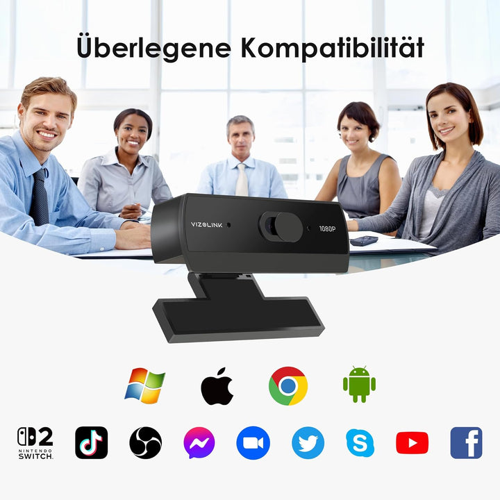 W2N Webcam Full HD, 1080P/30PFS, Dual Mikrofone Rauschunterdrückung, Fester Fokus, 78°Blickfeld, Bel