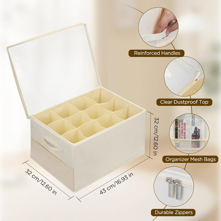Romon Schuhorganizer, Beige, Passt 12 Paar Schuhe, Schuhbox mit Durchsichtigem Deckel und Henkeln, V