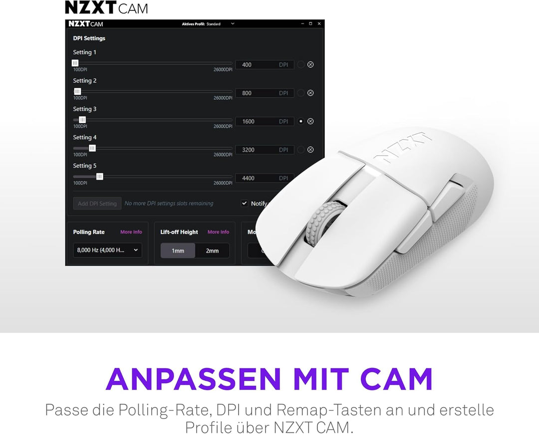 NZXT Gamingmaus Lift Elite Wireless – Ultraleicht: 57 g – Abfragerate 4K / 8K, optische Schalter, op