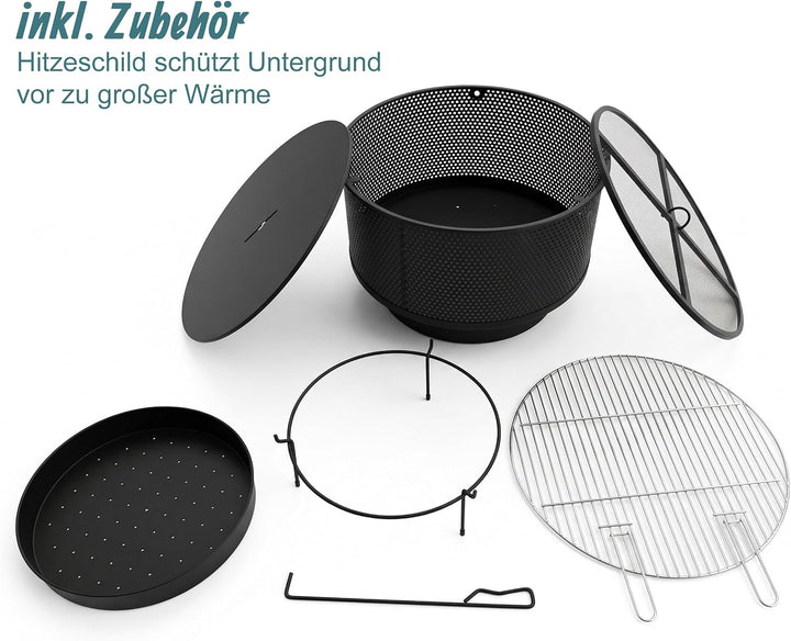 Relaxdays Feuerschale, Ø 61 cm, mit Grillrost, Funkenschutz &amp; Schürhaken, 3 in 1 Feuerstelle Garten,