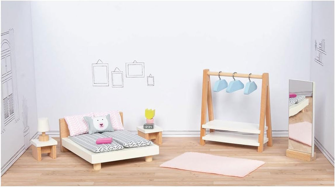 Goki Puppenmöbel Style, Schlafzimmer: Bett: 12,7 x 10 x 5 cm, 18-teilig,Buche/Stoff, per Set