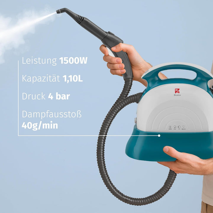 Di4 Dampfreiniger Brumo 1500W, 4 Bar Druck, 1,1L Tank, 22 Minuten Laufzeit, 12 Zubehörteile für Rein