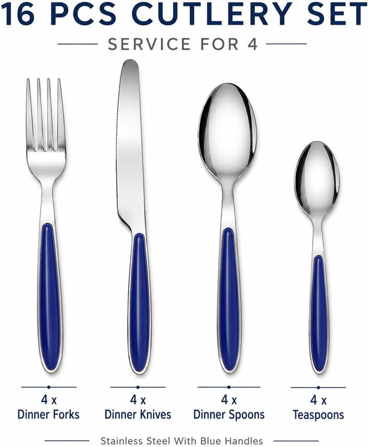 EXZACT Rostfrei Stahl Besteck Set einem Plastikhalter 16 PCS - Farbige Griffe - 4 Gabeln, 4 Messer,