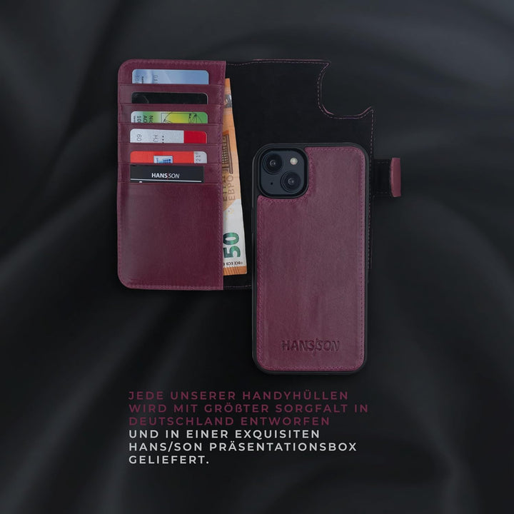 HANS/SON Lederhülle mit Kartenfächern | iPhone 14 | Echtleder | 6,1 Zoll | Schmal | Klapphülle | Sto