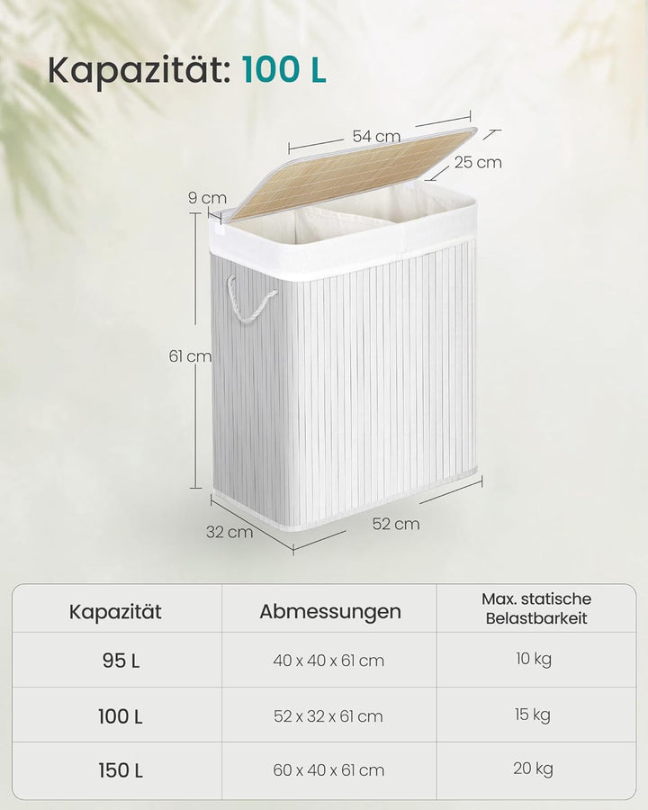SONGMICS Wäschekorb mit Deckel, Wäschekorb aus Bambus, 2 Sortierfächer, abnehmbarer Beutel, Griffe a