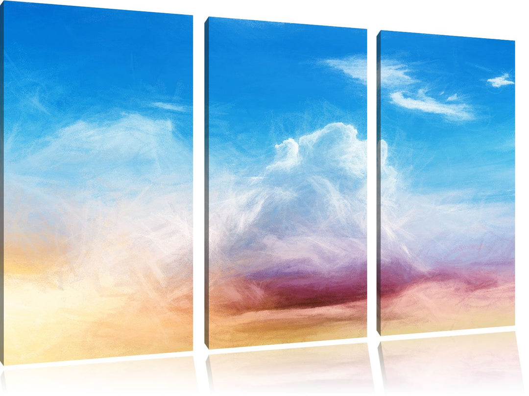 Pixxprint Wolkiger Himmel bedeckt Sonne Bunstift Effekt 3-Teiler Leinwandbild 120x80 Bild auf Leinwa