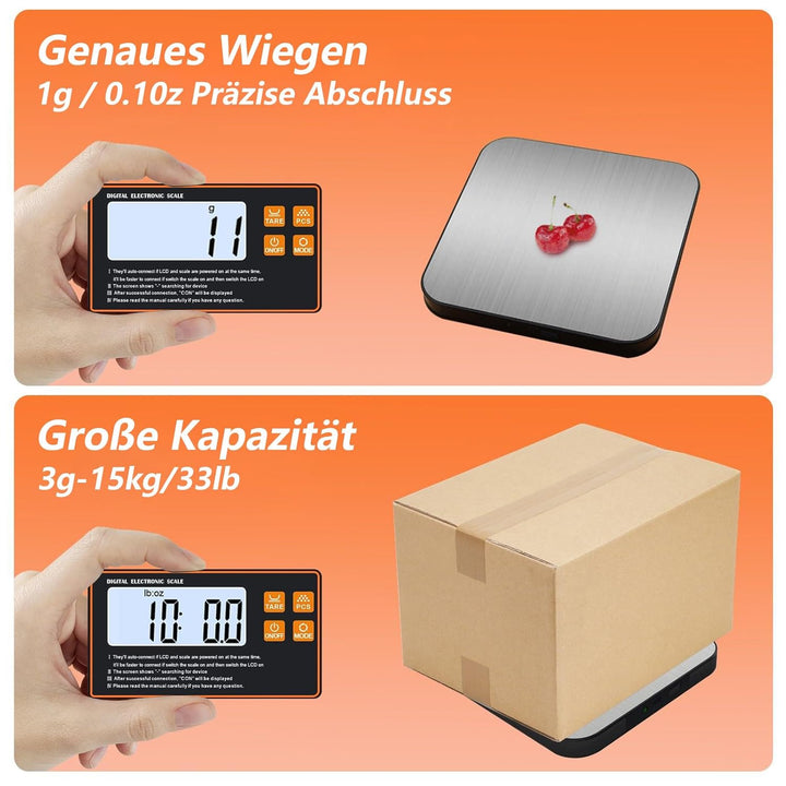 Küchenwaage Digital, 15kg/1g mit Abnehmbarem Display, Edelstahl Oberfläche, Mit Separatem LCD-Displa