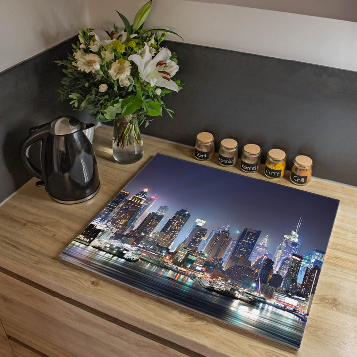 banjado® Herdabdeckplatte Glas 1-teilig 60x52 cm/Schneidebrett Herdabdeckung mit Motiv New York/Herd