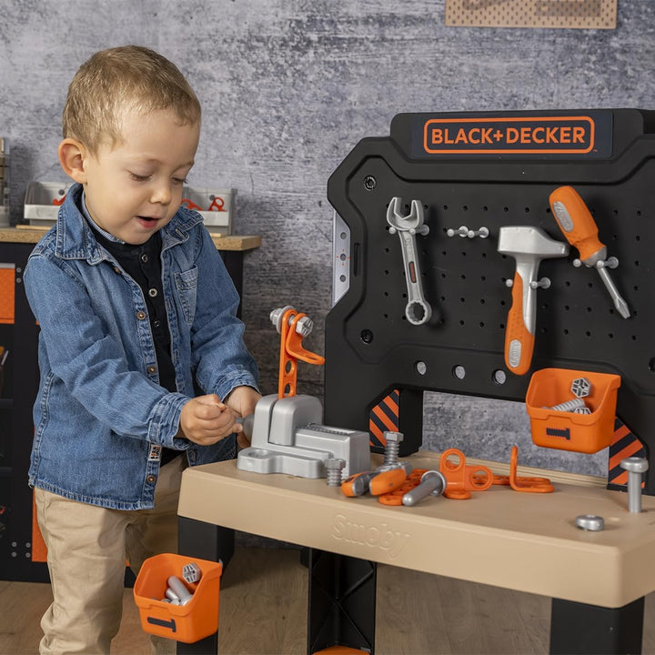 Smoby – Black+Decker Werkbank – 78 Zubehörteile inkl. 7 Werkzeuge wie Säge, Schraubstock, Schraubend