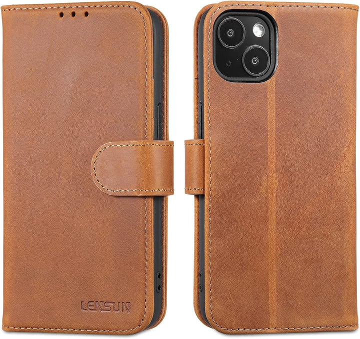 LENSUN Echtleder Hülle für iPhone 13 5G, Handyhülle [Echtes Leder][Magnetverschluss][RFID Schutz] Ha