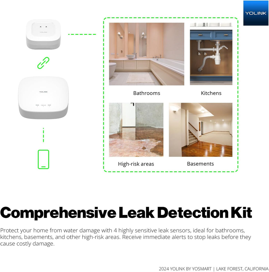 YoLink Smart Home Starter Kit: Hub & Wasserlecksensor, 4er-Pack, SMS/Text, E-Mail & Push-Benachricht