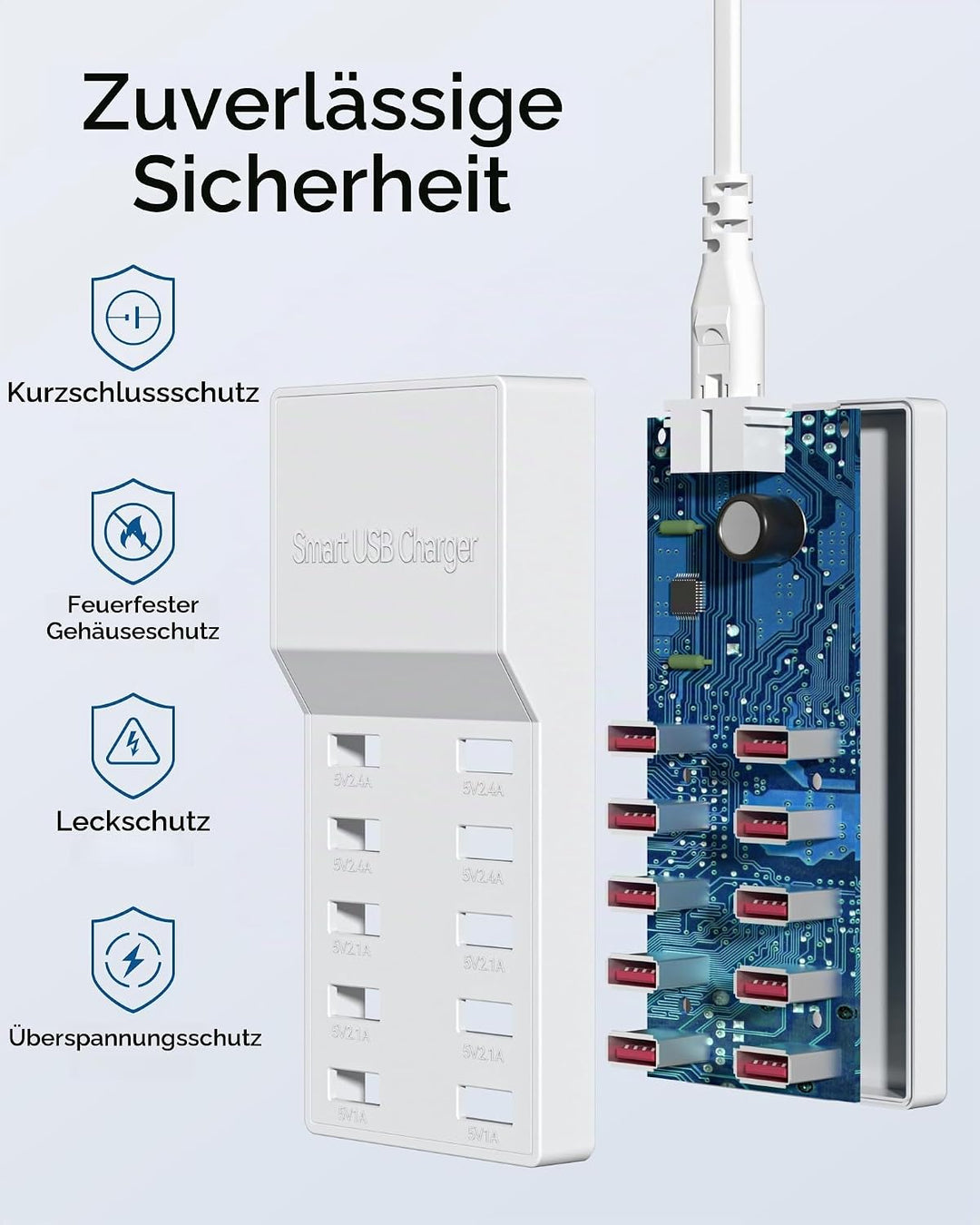 USB Ladegerät Mehrfach, Binamao 50W USB Ladegerät 10-Port Multi USB Netzteil, USB-A Ladestation Mehr