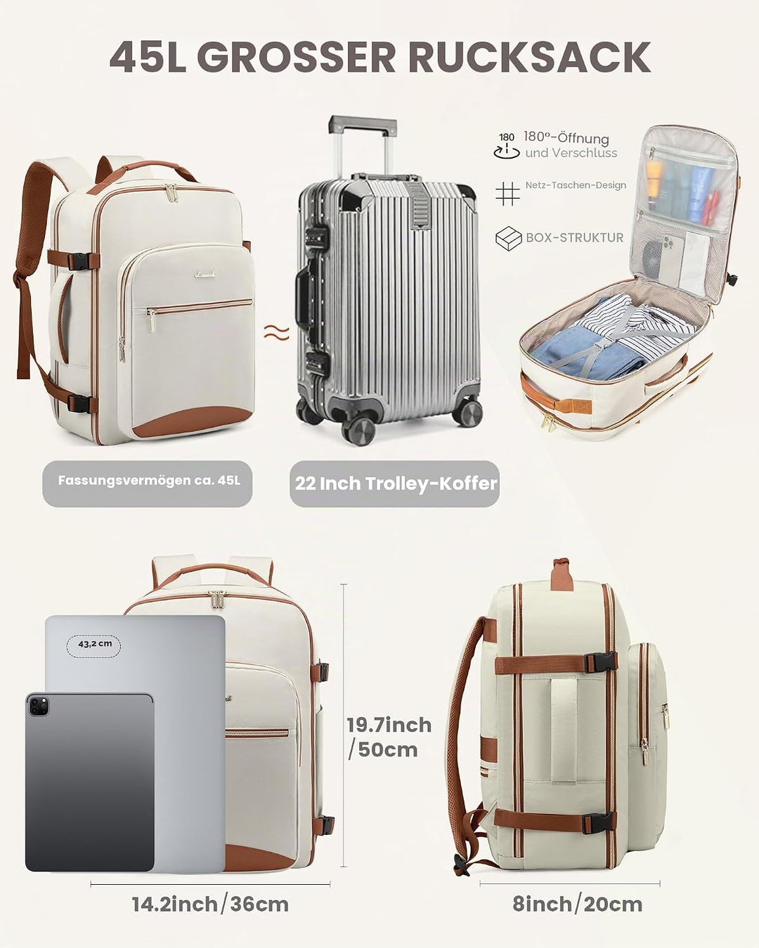LOVEVOOK Handgepäck Rucksack, 40L Gross Reiserucksack Damen Flugzeug Koffer Travel Backpack, Wasserd