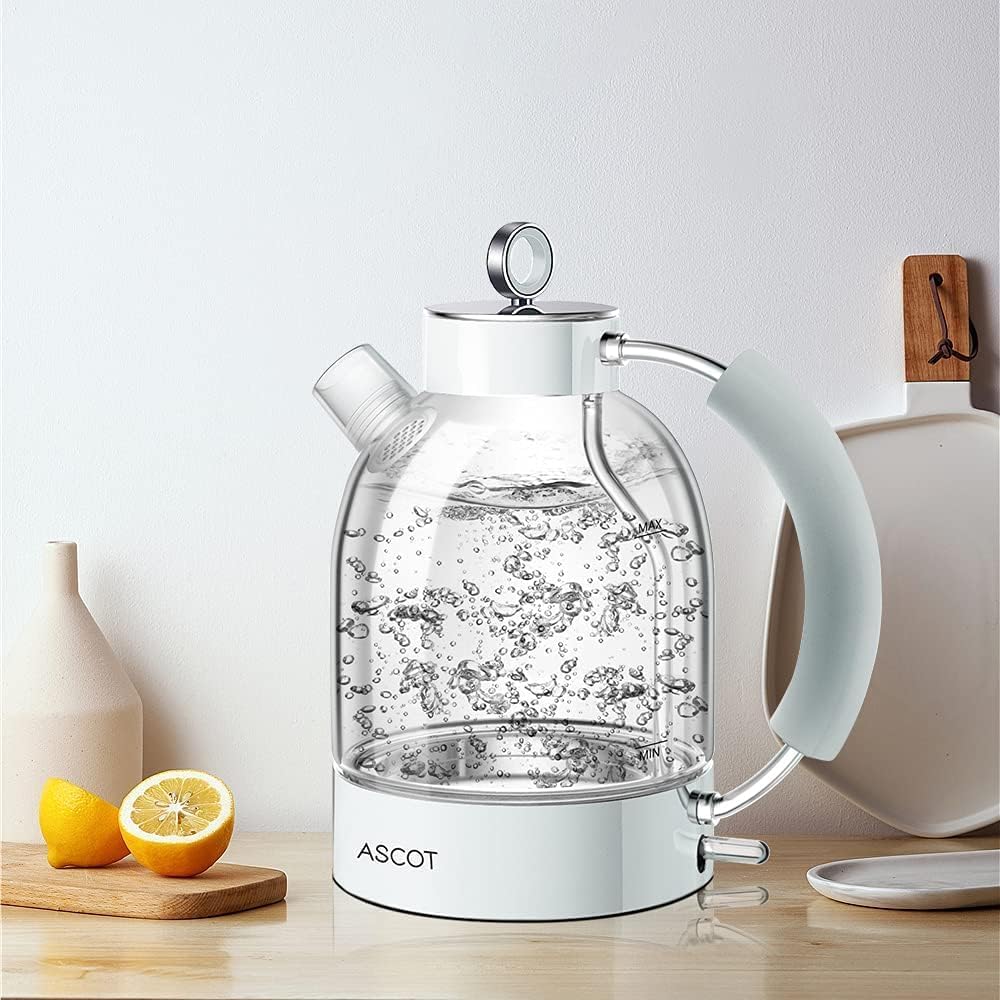 Wasserkocher Glas, ASCOT Elektrischer Wasserkocher Edelstahl, 2200W, 1,5L, BPA frei, leiser Schnellk