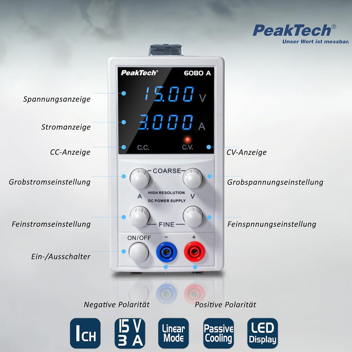 PeakTech P 6080 A Labornetzteil 0-15V / 0-3A, Hochauflösendes Labornetzgerät Single, Single