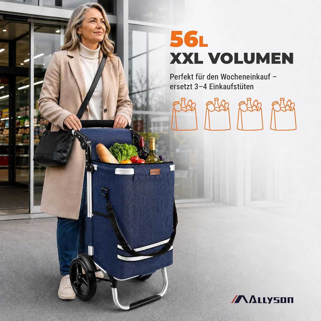 Allyson Einkaufstrolley klappbar mit 56L Kapazität ，3in1 Trolley Sackkarre & Umhängetasche，Einkaufst