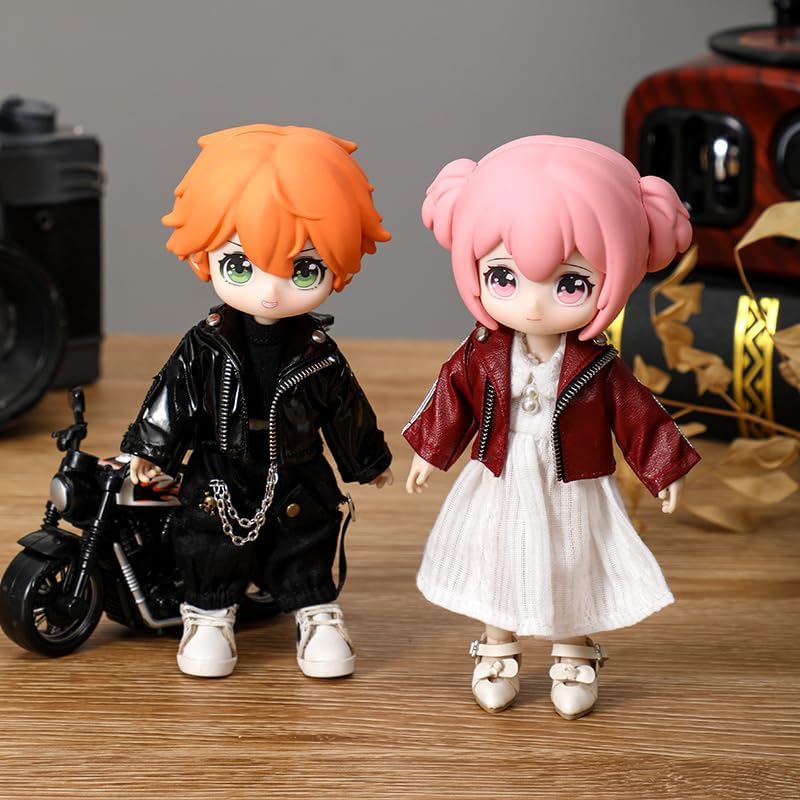 niannyyhouse 1/12 BJD OB11 Puppenkleidung Lederjacke Weste Zerrissene Jeans Puppe Dressup (Schwarz),