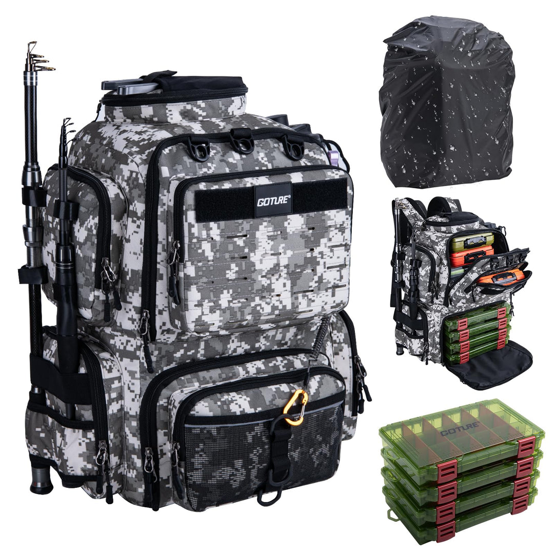 Goture Angelrucksack mit 4 Köderbox Angeln, 45-Liter Angelzubehör-Rucksack mit Zwei Rutenhaltern und
