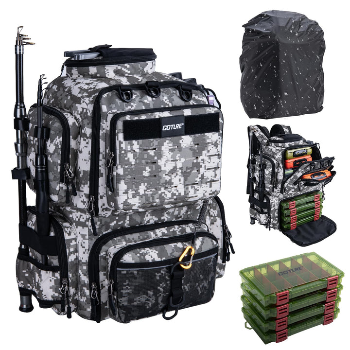 Goture Angelrucksack mit 4 Köderbox Angeln, 45-Liter Angelzubehör-Rucksack mit Zwei Rutenhaltern und