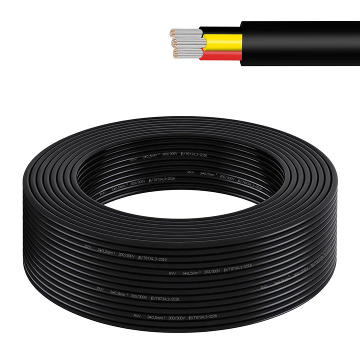 AOHEWEI 20 Meter 20AWG 3-adriges Kabel, 3x0,5 mm² flexibles verseilte verzinnte Kupferkabel, 5V/12V/