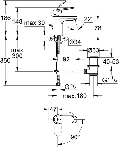 GROHE Eurosmart Cosmopolitan Badarmatur, Zugstange, Standard-Auslauf ES 2337700E, Silber mit Zugstan