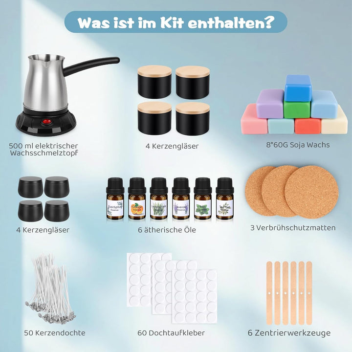 Kerzen Selber Machen Set, Elektrischer Wachsschmelzer, 480g Farben Natürliches Sojawachs, Kerzenhers