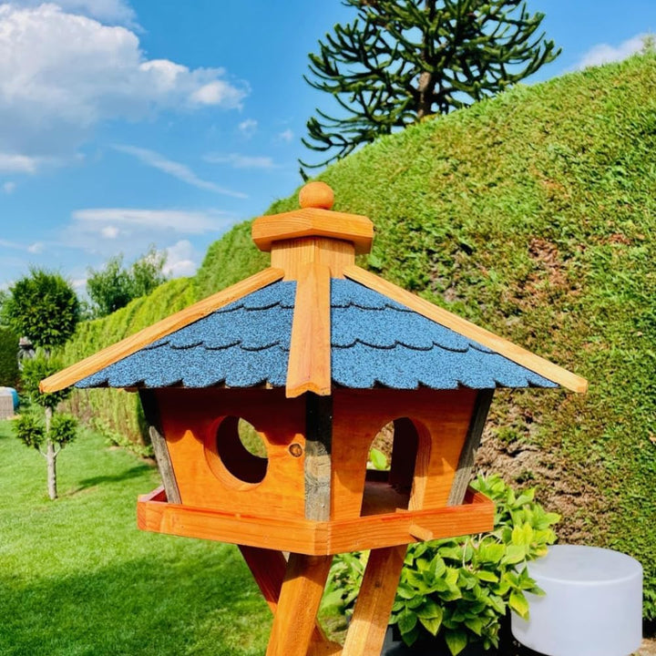 Vogel Futter Haus L oder XL Sechseck Holz Vogelhaus Futterstelle Braun/Blau, Rot, Schwarz und Grün (