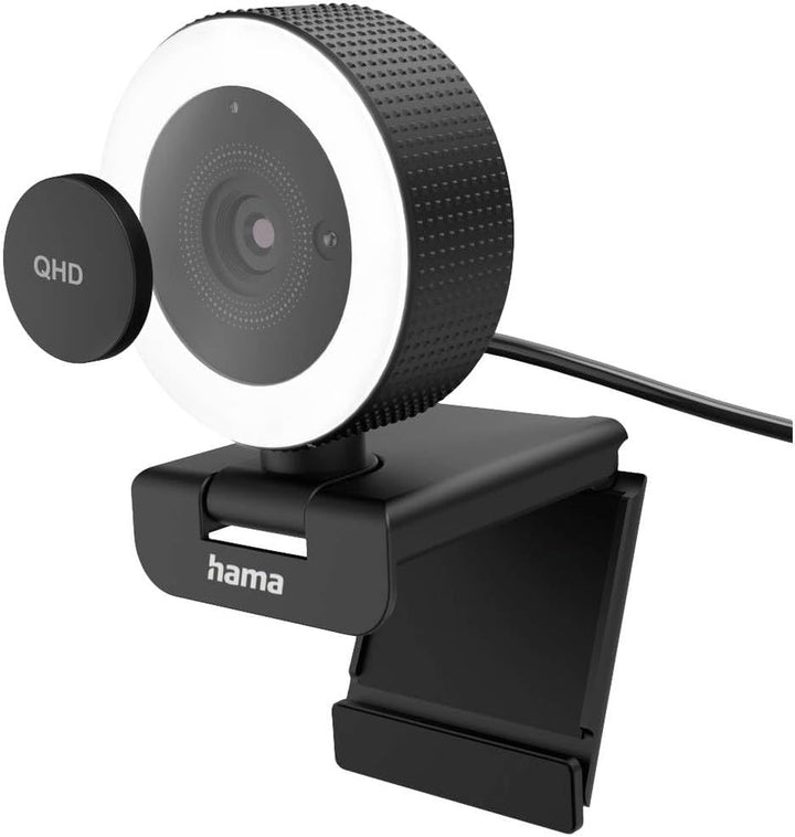 Hama Webcam mit Licht, Zoom, Fernbedienung (QHD 2K PC-Kamera mit Mikrofon Stereo Streaming-Cam, Ring