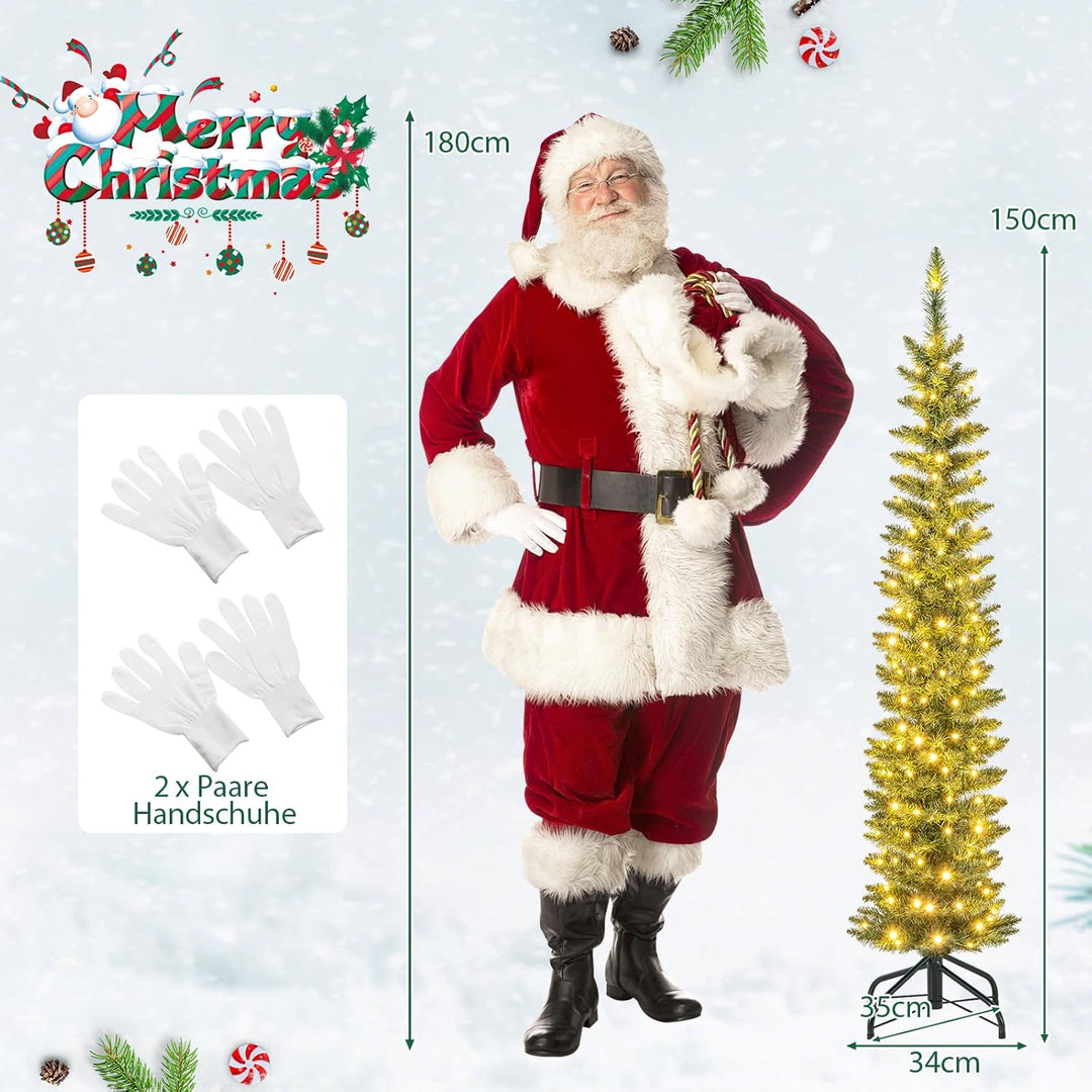 COSTWAY 150 cm Künstlicher Weihnachtsbaum mit Beleuchtung, Bleistift Tannenbaum mit 150 warmweissen