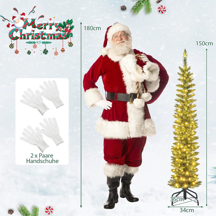 COSTWAY 150 cm Künstlicher Weihnachtsbaum mit Beleuchtung, Bleistift Tannenbaum mit 150 warmweissen
