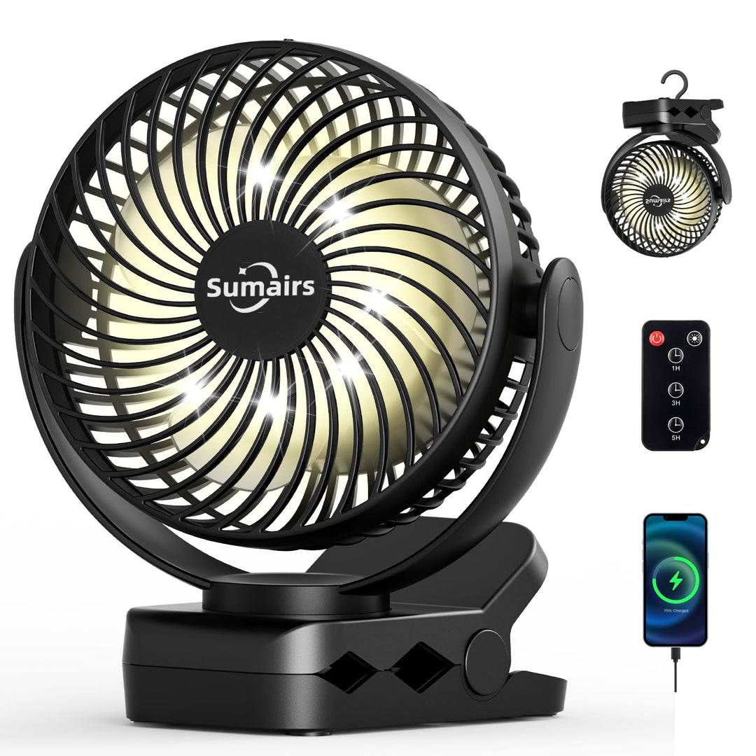 Sumairs 14cm Akku Ventilator,10000mAh Camping Ventilator zum Klemmen,Fernbedienung,LED-Licht,Powerba