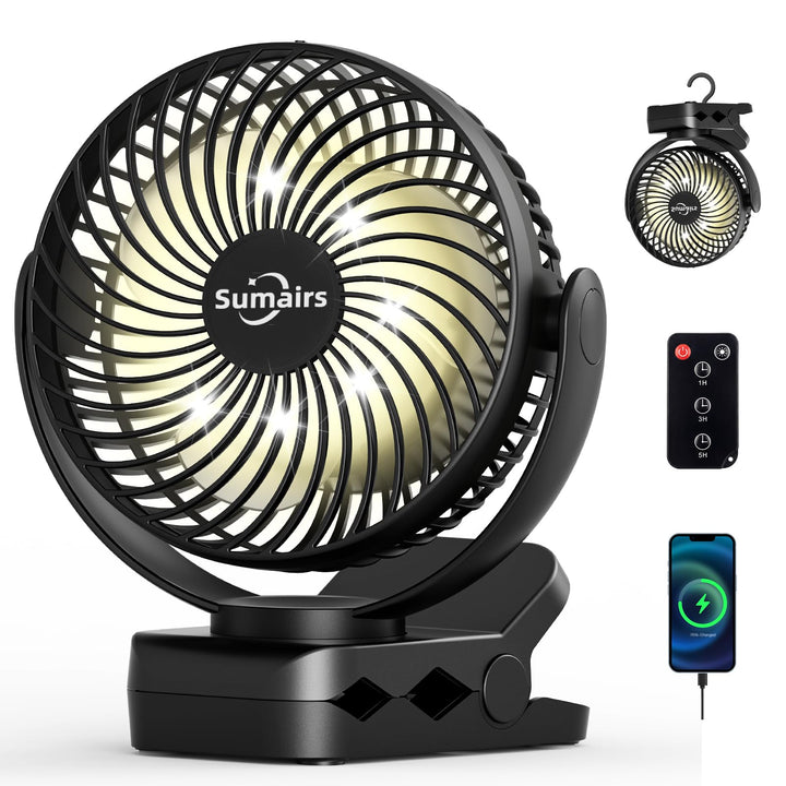 Sumairs 14cm Akku Ventilator,10000mAh Camping Ventilator zum Klemmen,Fernbedienung,LED-Licht,Powerba