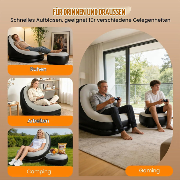 Aufblasbares Sofa mit Fusshocker Set – Luftsofa mit Beflockung für Camping, Garten &amp; Wohnzimmer, Was