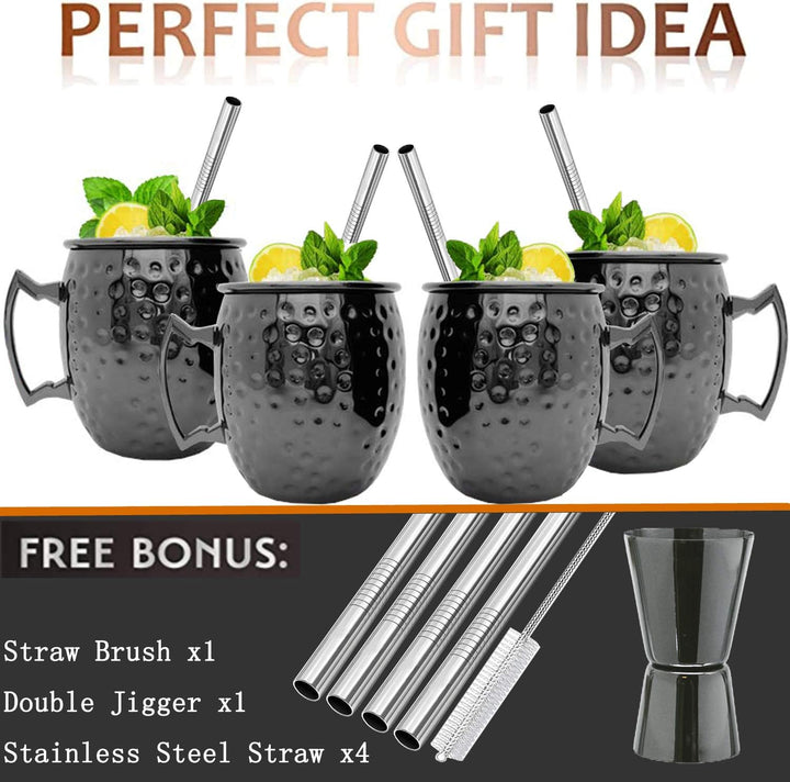 Moscow Mule Becher, Set 4er, Gunmetal schwarz 550ml, Moscow Mule Mug mit 4 Becher, 4 Trinkhalme, 1 M