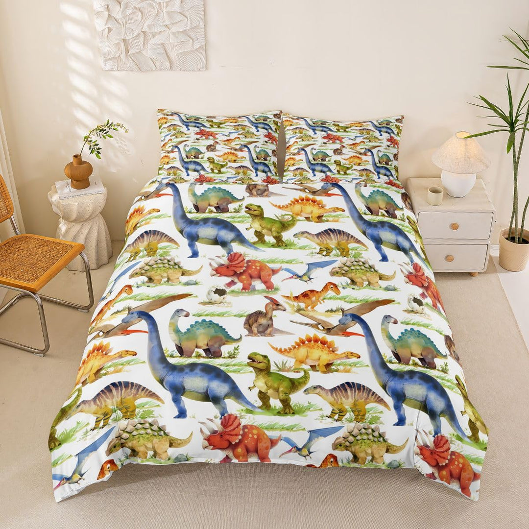 Loussiesd Cartoon Muster Bettwäsche Set Kinder Kids Dinosaurier Bettbezug mit 2 Kissenbezug 3 teilig