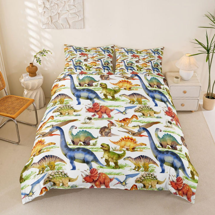 Loussiesd Cartoon Muster Bettwäsche Set Kinder Kids Dinosaurier Bettbezug mit 2 Kissenbezug 3 teilig