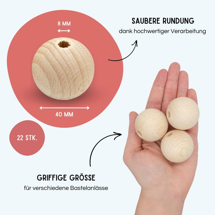EV® Holzkugeln mit Loch - 22 Stück 40mm Durchmesser - Made in Austria - Grosse Holzperlen mit 8mm Bo