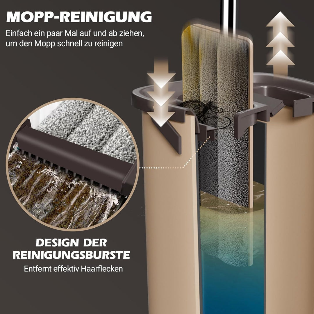 MASTERTOP Wischmopp Set mit Eimer, 138cm Flachmopp mit Edelstahlgriff und 6 Mikrofaser Moppkopf, Han