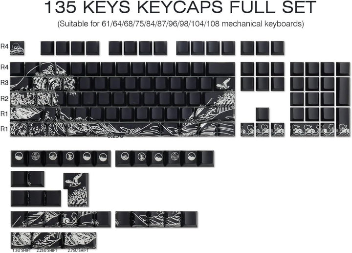 Sunzit PBT Keycaps 135 Tasten Custom Keycaps Cherry Profile Dye-Sub Tastenkappen Set Schwarz Welle V